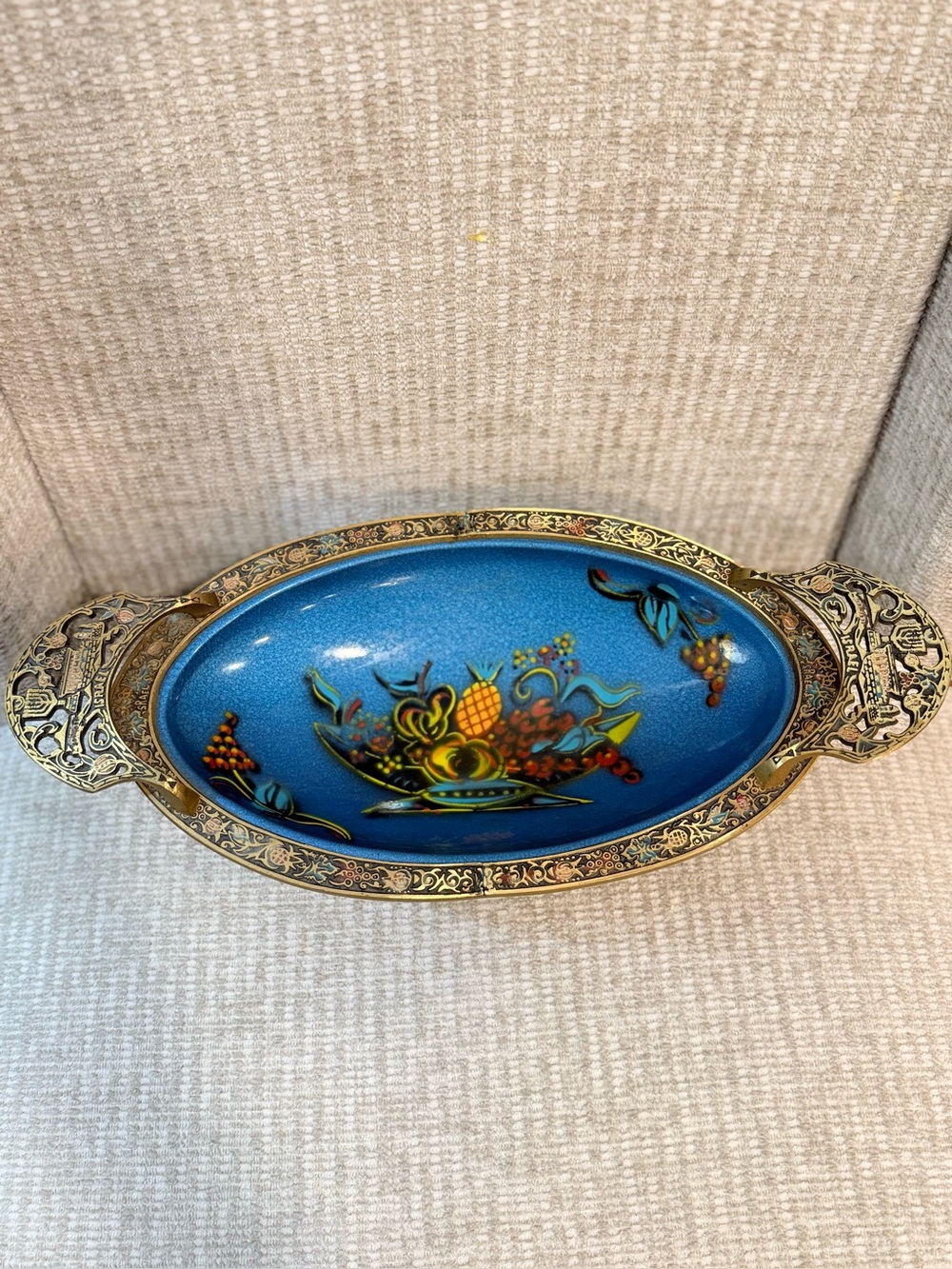 Vintage Israeli Enamel Brass Centerpiece Bowl Oval Fruit Pedestal Dish Judaica